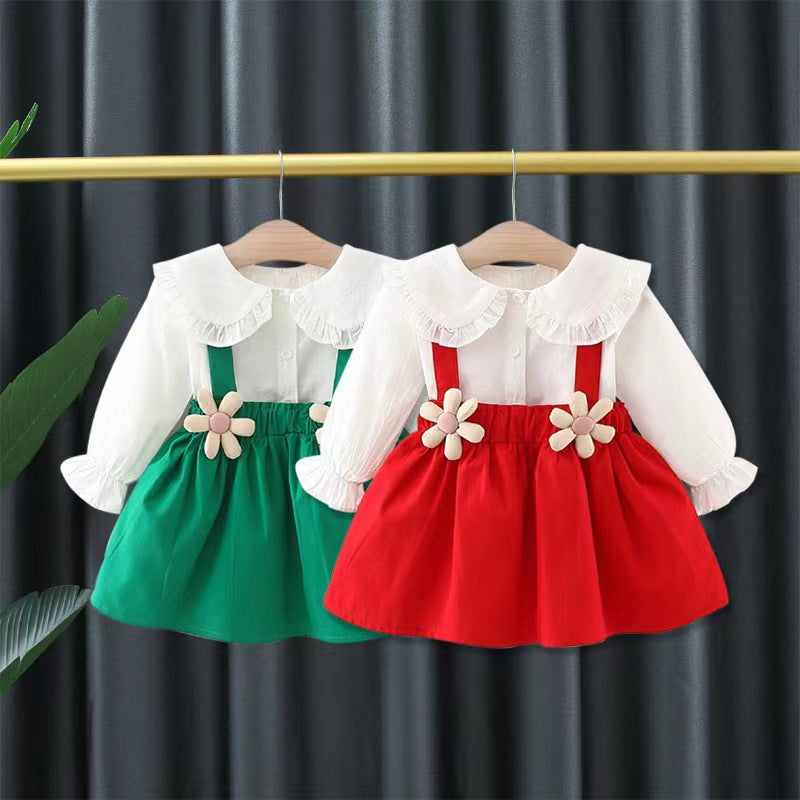 New autumn collection: girls' white blouse + suspender skirt two-piece set - little girl's long-sleeve dress outfit