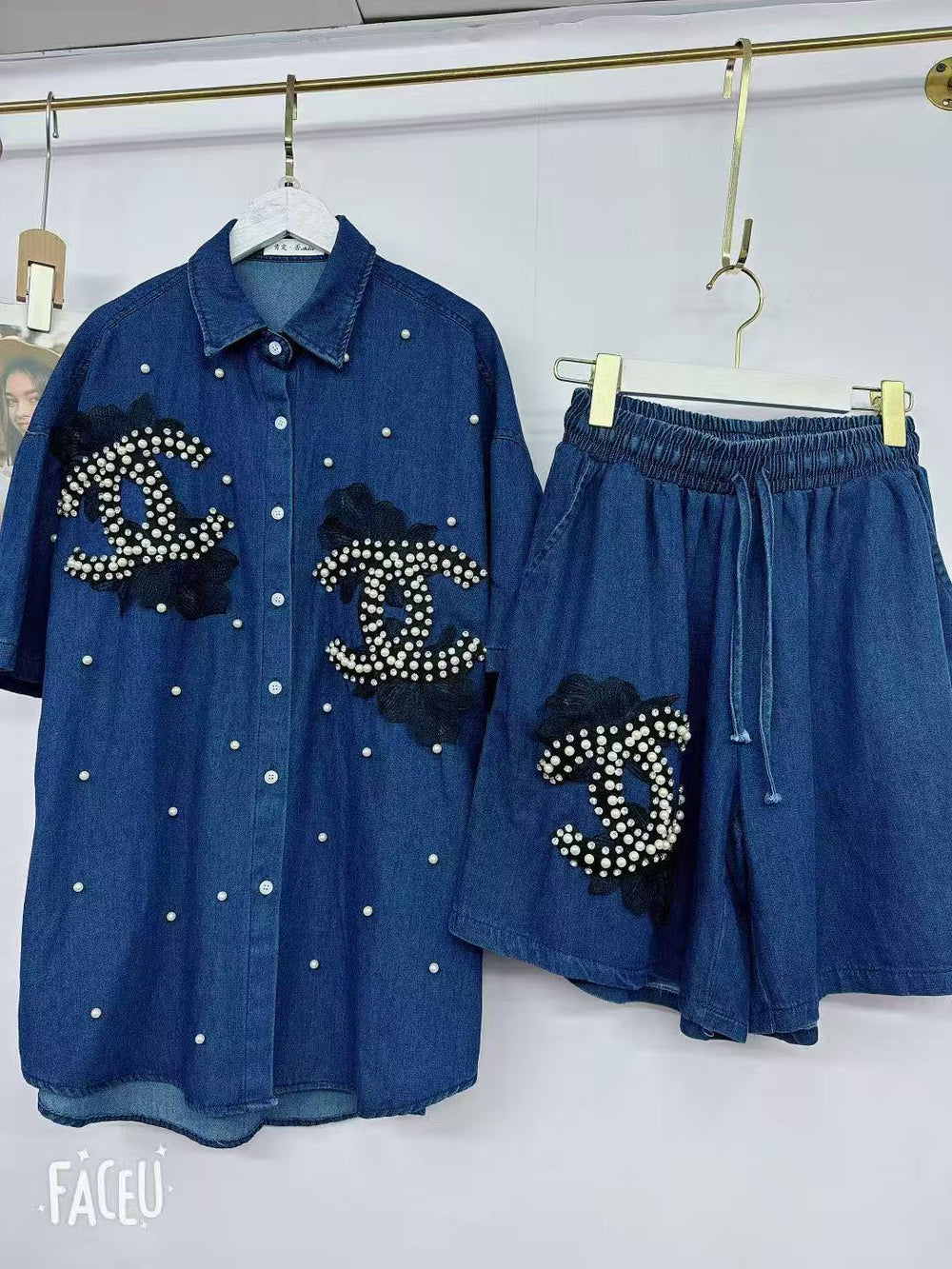 new european style heavy-duty denim set for women: designer cardigan and shorts, unique, fashionable, and relaxed fit two-piece outfit