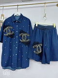 new european style heavy-duty denim set for women: designer cardigan and shorts, unique, fashionable, and relaxed fit two-piece outfit