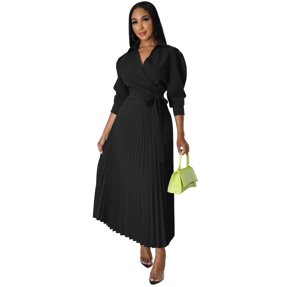 cross-border fashion: new ruched blouse sleeve v-neck, slim-fit, elegant pleated maxi dress for  us & europe
