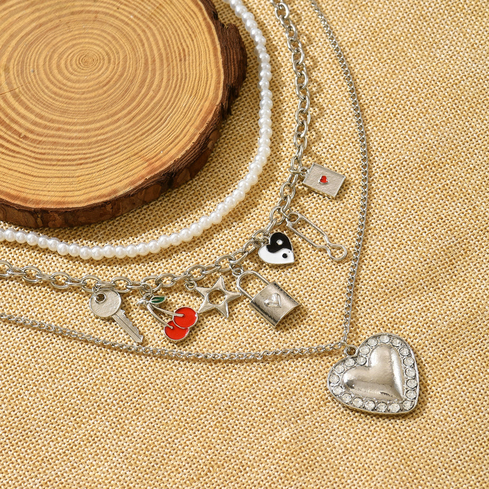Multi-layered love necklace wholesale european and american cross-border retro pendant fashion key cherry stacked clavicle chain women's necklace