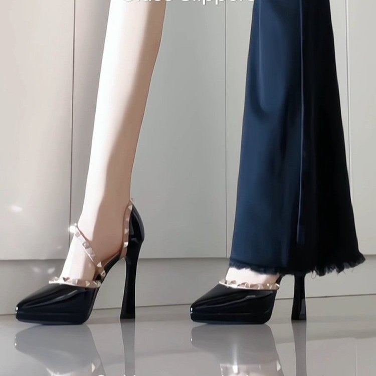 Nude waterproof platform rivets pointed toe thick heel high heels beautiful waterproof platform royal sister style easiest for match high heels
