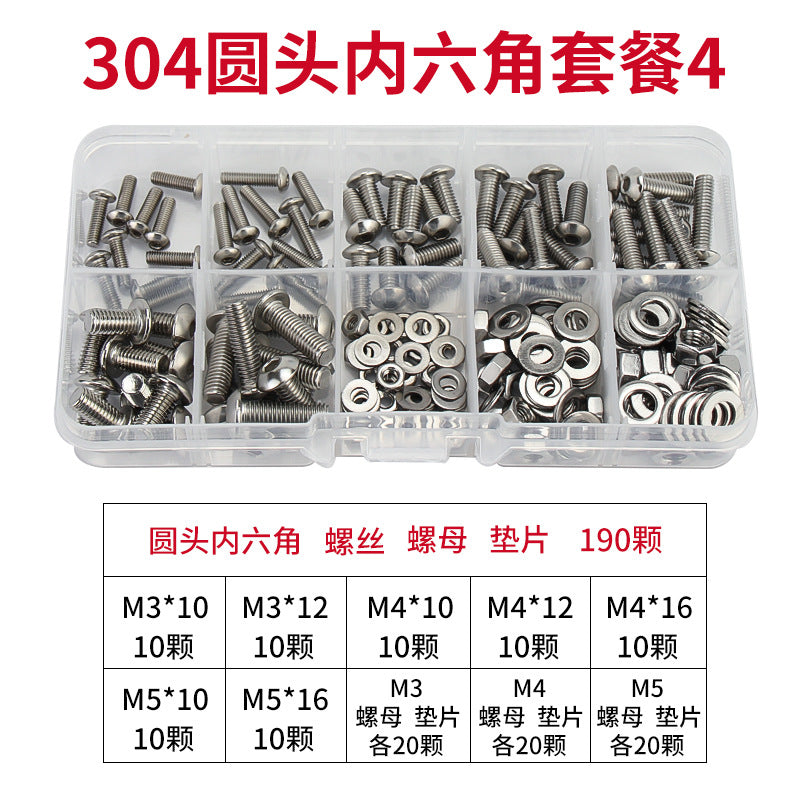 Grade 12.9/304 Stainless Steel, Hexagon Bolt Nut Washer Set, Hexagon Cup Head Boxed Screws