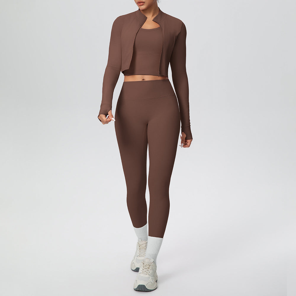 pure color brushed tight high-elastic breathable vest long three-piece set sports running fitness yoga suit