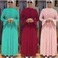 African women's fashion: elegant commute-ready long sleeve chiffon pleated midi dress with belt
