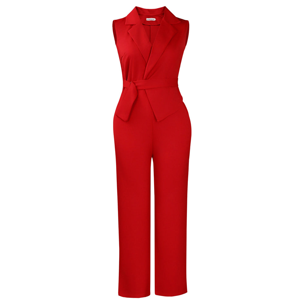 C8653 cross-border e-commerce summer fashion solid color sleeveless blazer collar tie wide leg pants african jumpsuit