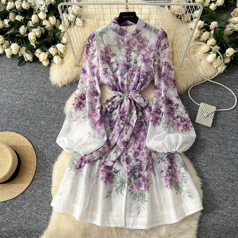 spring new arrival: elegant socialite stand collar single-breasted lantern sleeve printed tie-waist european and american style dress