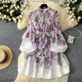 spring new arrival: elegant socialite stand collar single-breasted lantern sleeve printed tie-waist european and american style dress