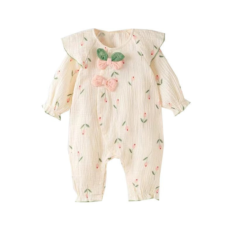 Newborn baby long-sleeve romper: stylish and trendy autumn outfit for baby girls - spring/autumn one-piece jumpsuit with floral print, perfect for outdoor adventures