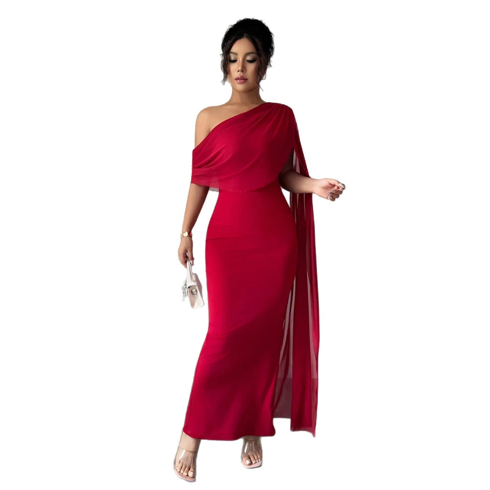 Amazon cross-border women's fashion: european and american style one-shoulder evening gown, long dress with cape sleeves, slim-fit bodycon, slit hem, socialite dress