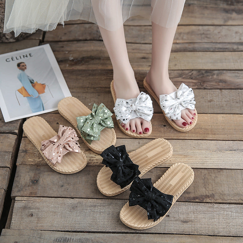 Women's summer slippers - trendy, non-slip, flat, bow-embellished, indoor/outdoor/beach sandals - instagrammable fairy style