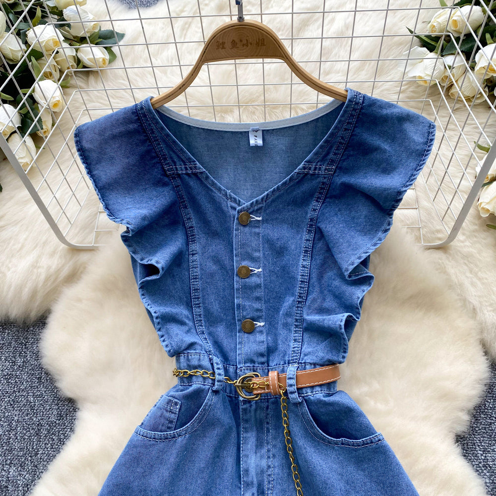 Frenchretrosense of designv neck fungus edge patchwork single breasted waist slimming lookelegant over-the-knee denim dress