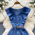 Frenchretrosense of designv neck fungus edge patchwork single breasted waist slimming lookelegant over-the-knee denim dress