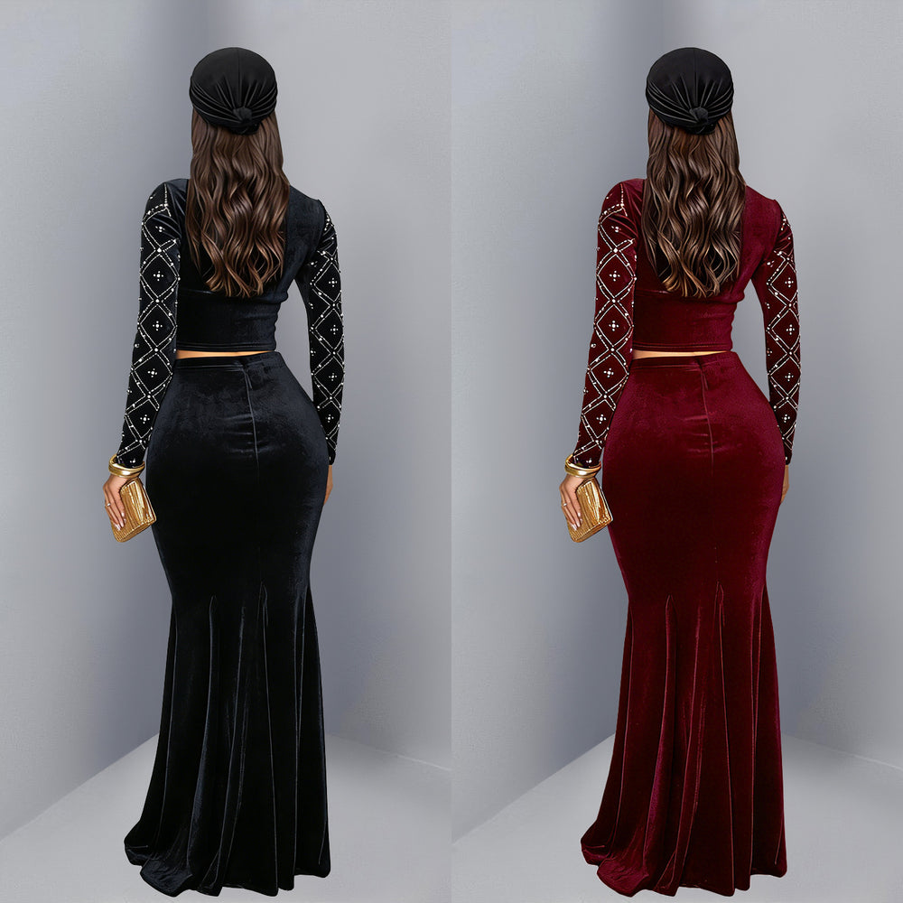 C7618 cross-border   fashion women's elegance hot diamond bubble beads tops long skirt two-piece set