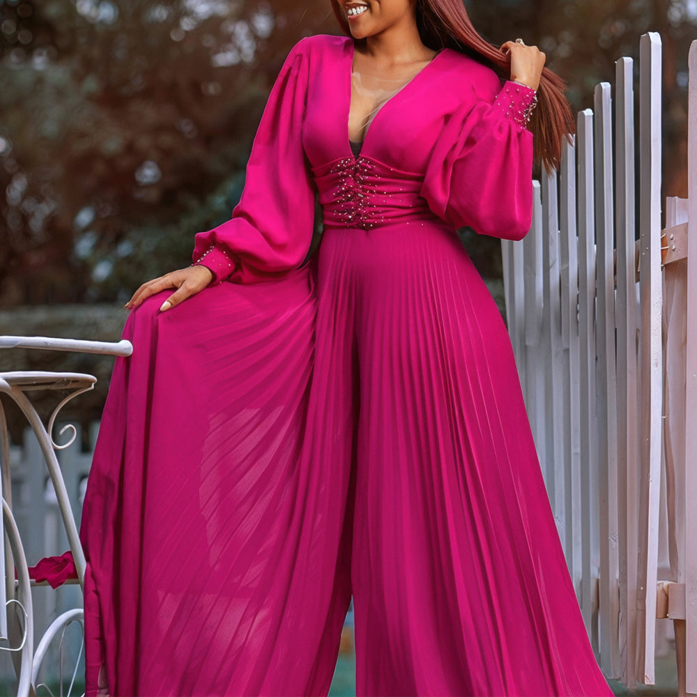 D534 european and american cross-border  foreign trade plus size beaded mesh fashion casual loose wide leg african jumpsuit