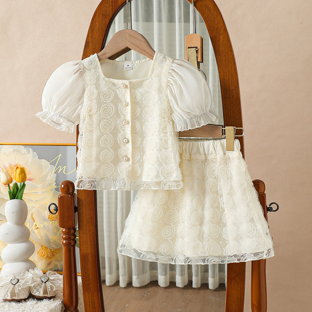 summer cross-border e-commerce 3d mesh flower appliqué top + skirt two-piece set for girls