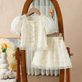 summer cross-border e-commerce 3d mesh flower appliqué top + skirt two-piece set for girls