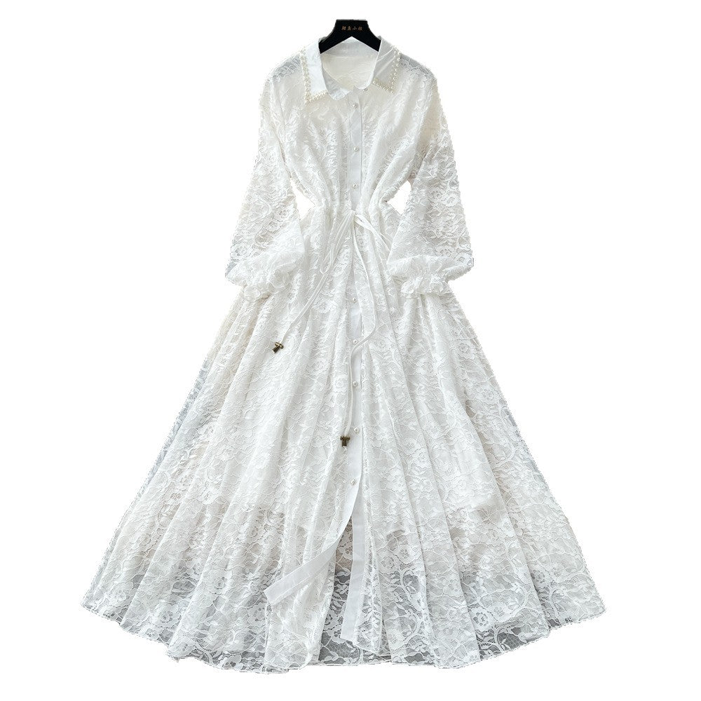 Frenchelegantelegance heavy industry beading lapel lantern sleeve single breasted strap waist slimming looklacedress women