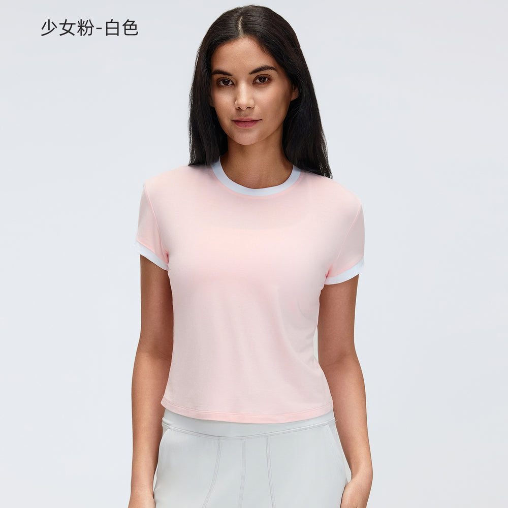 Color block shoulder cropped activewear tee - women's summer solid color crew neck sports yoga top d26053