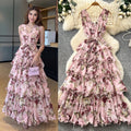 French floral sweet princess style dress - women's summer v-neck sleeveless high-waisted a-line maxi dress - commute chic