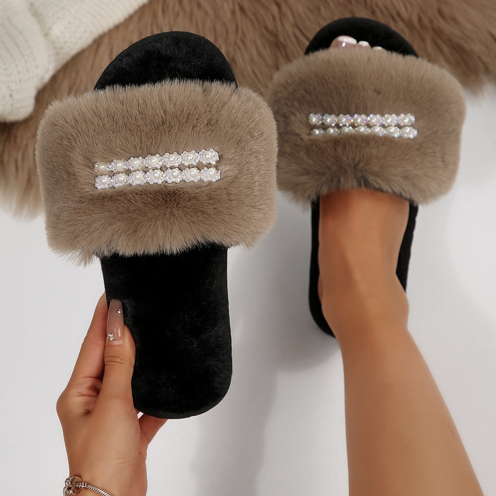 Exportnew arrival pearl chain large fur flats slippers women's fashion flip-flops home open cotton slippers cross-border