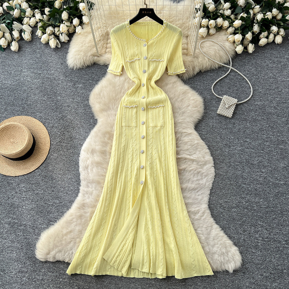 French chic single-breasted knit dress - women's summer short sleeve cutout slim fit elegant maxi dress