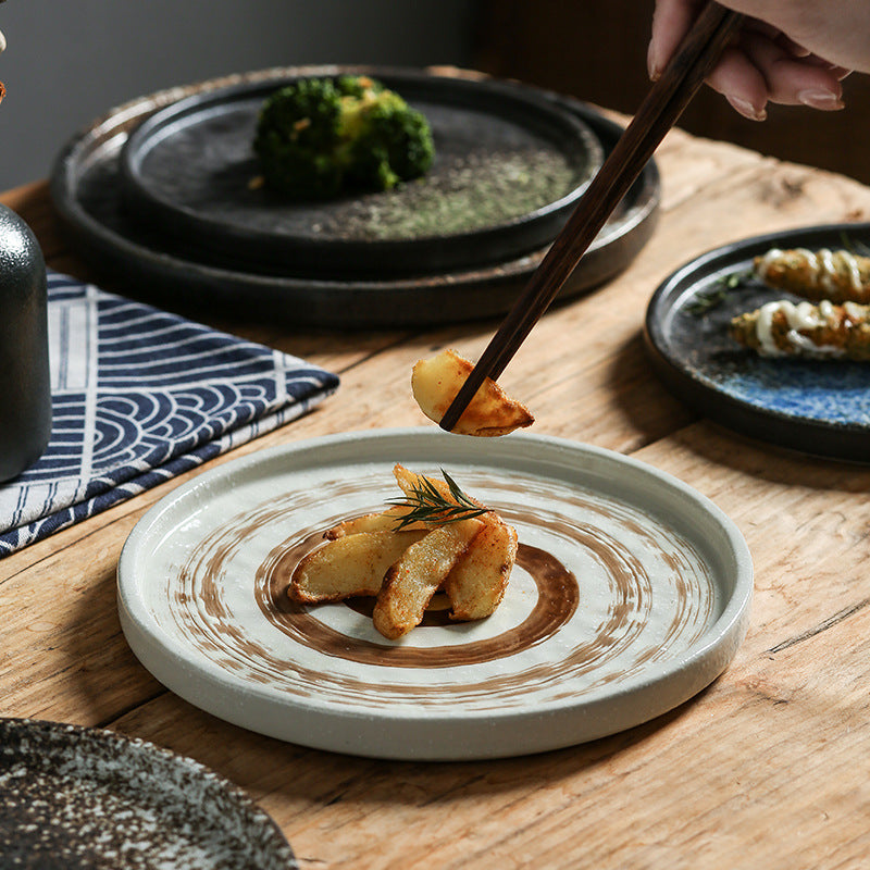 Vintage ceramic dinner plate - stylish, high-value round plate with rim, perfect for restaurants and home use. japanese-style, high-temperature resistant steak plate