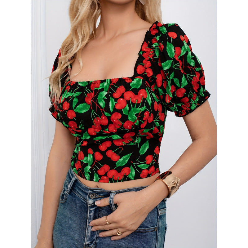 cross-border listing:  new fashion floral square neck elegant vacation top
