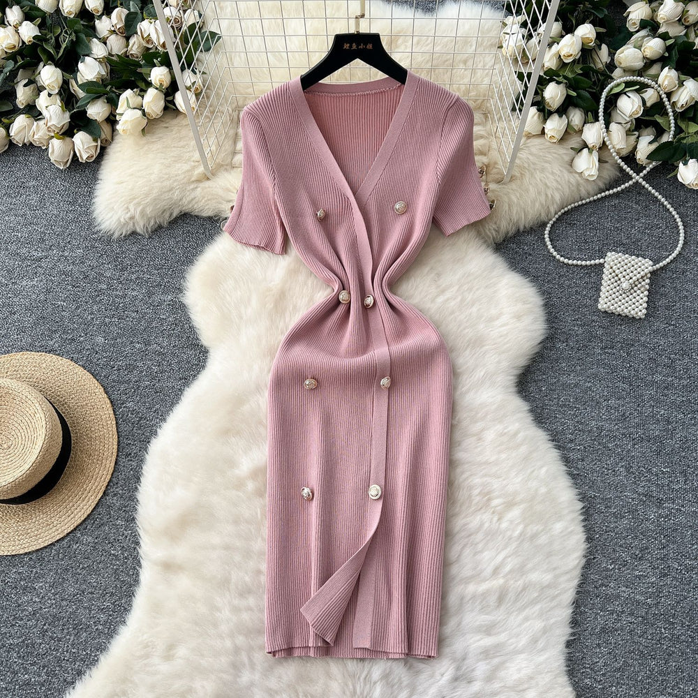 Elegant chanel-inspired v-neck short-sleeve double-breasted bodycon knit dress - women's summer slim-fit midi dress