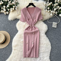 Elegant chanel-inspired v-neck short-sleeve double-breasted bodycon knit dress - women's summer slim-fit midi dress