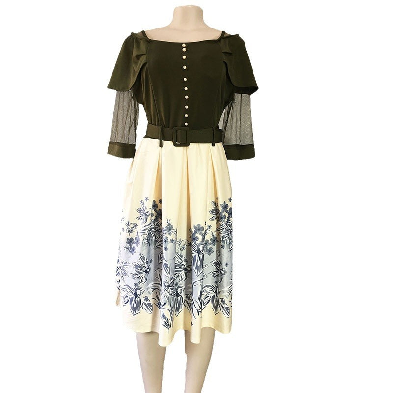 supply digital printing with pure color one-shoulder lotus leaf sleeves and waist a-line skirt with matching belt of the same color