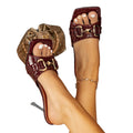 Women's fashion stiletto heel sandals - square toe, burgundy, metal frame detail, slip-on, minimalist high heels