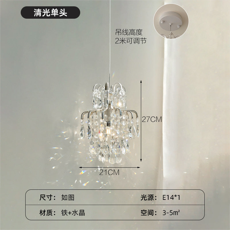 French retro cream white crystal teardrop mini pendant light - cream style for bedroom, bedside, entryway, bay window, and homestay