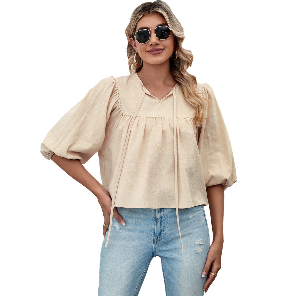 Cross-border independent station 2024 European and American women's clothing crew neck bow loose five-quarter sleeve women's pullover sweet top