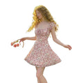 Women's new summer french romantic elegant floral print cinched waist a-line mini dress - perfect for dates