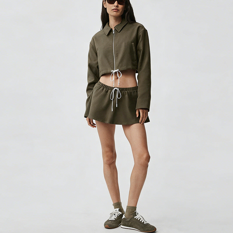 new arrival cotton mixed draped loose waist cord breathable stand collar zipper outwear short skirt casual sports suit