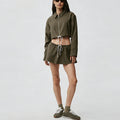new arrival cotton mixed draped loose waist cord breathable stand collar zipper outwear short skirt casual sports suit