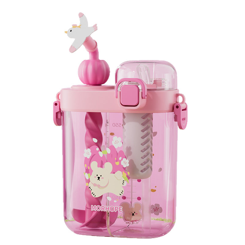 Summer double-drink kids' cup, portable straw cup for boys and girls, elementary school students' school water bottle, square water bottle with double compartments, cartoon cup