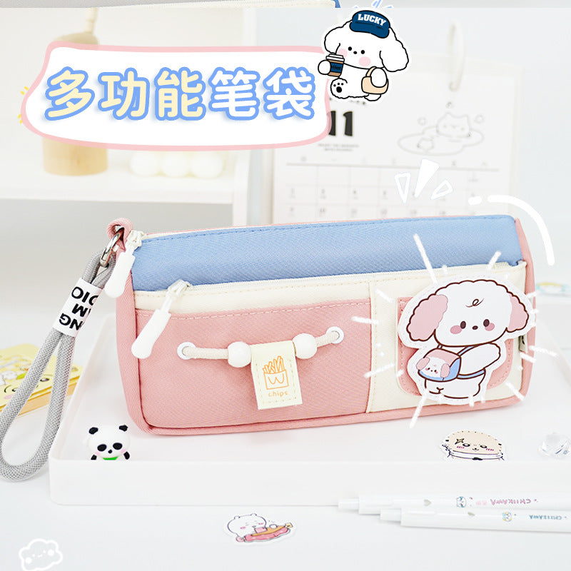 cute cute puppy large-capacity pencil case double-layer stationery pencil case for primary school students high-value stationery box design sense