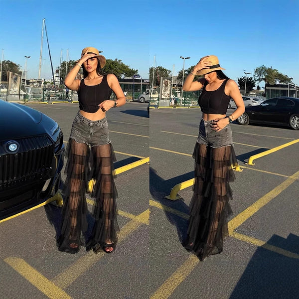 European and American new sexy Spice Girls mesh splicing jeans  independent station mesh cake pants wide-leg straight pants