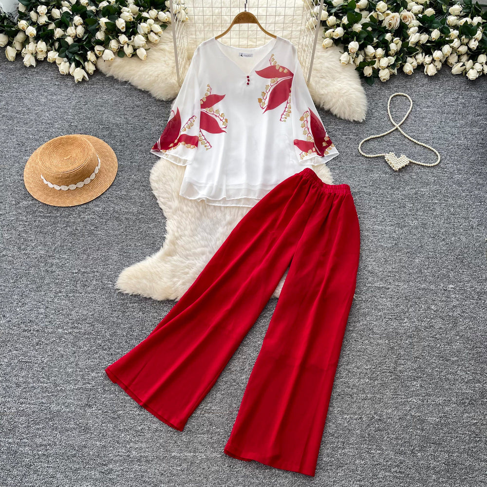 Commuting style casualprintingv necktopshigh waistloose pants women's summerslimming looktwo-piece setdrapedfashionsuit