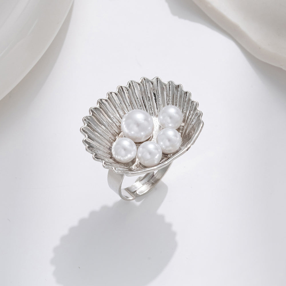 European and american cross-border hot-selling faux pearl open ring - fashionable, creative geometric ocean-themed seashell adjustable jewelry