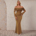new european and american style women's winter one-shoulder mesh dress with silver thread, waist-cinching, and bodycon design