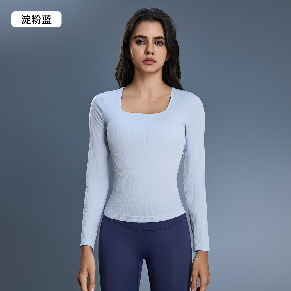 Women's yoga top with built-in bra pads, long sleeve square neck slimming base layer top for autumn - d25176