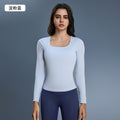 Women's yoga top with built-in bra pads, long sleeve square neck slimming base layer top for autumn - d25176