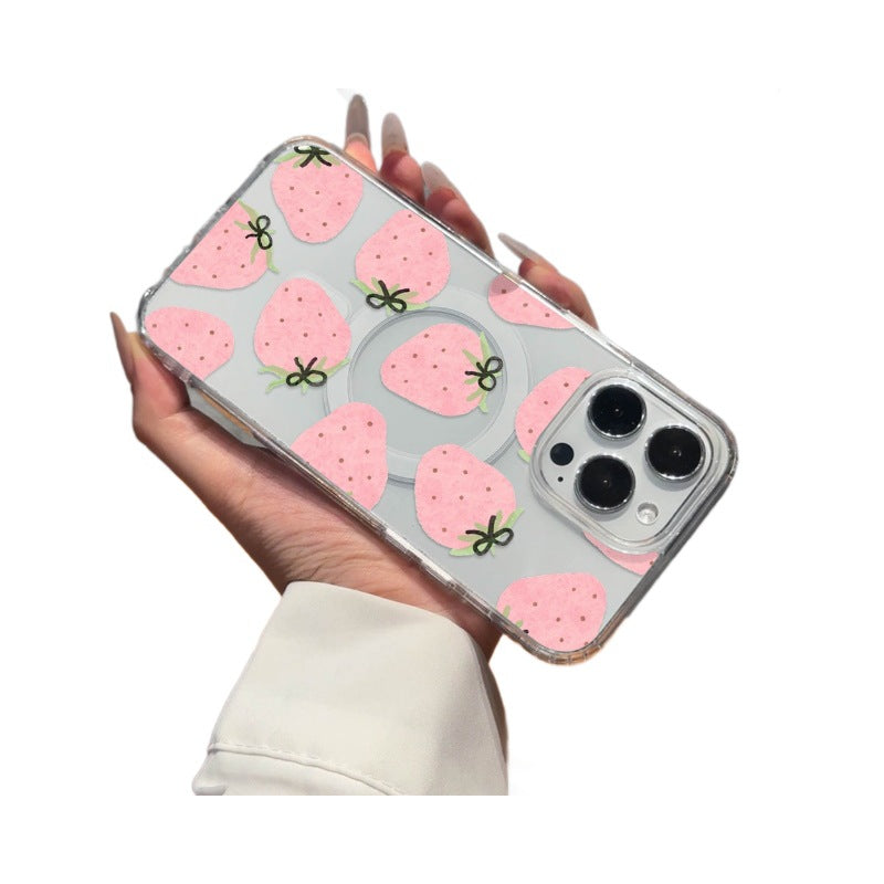 All-over strawberry bow iphone 17 case, high-clarity apple 16 magnetic shockproof transparent soft case for iphone 15