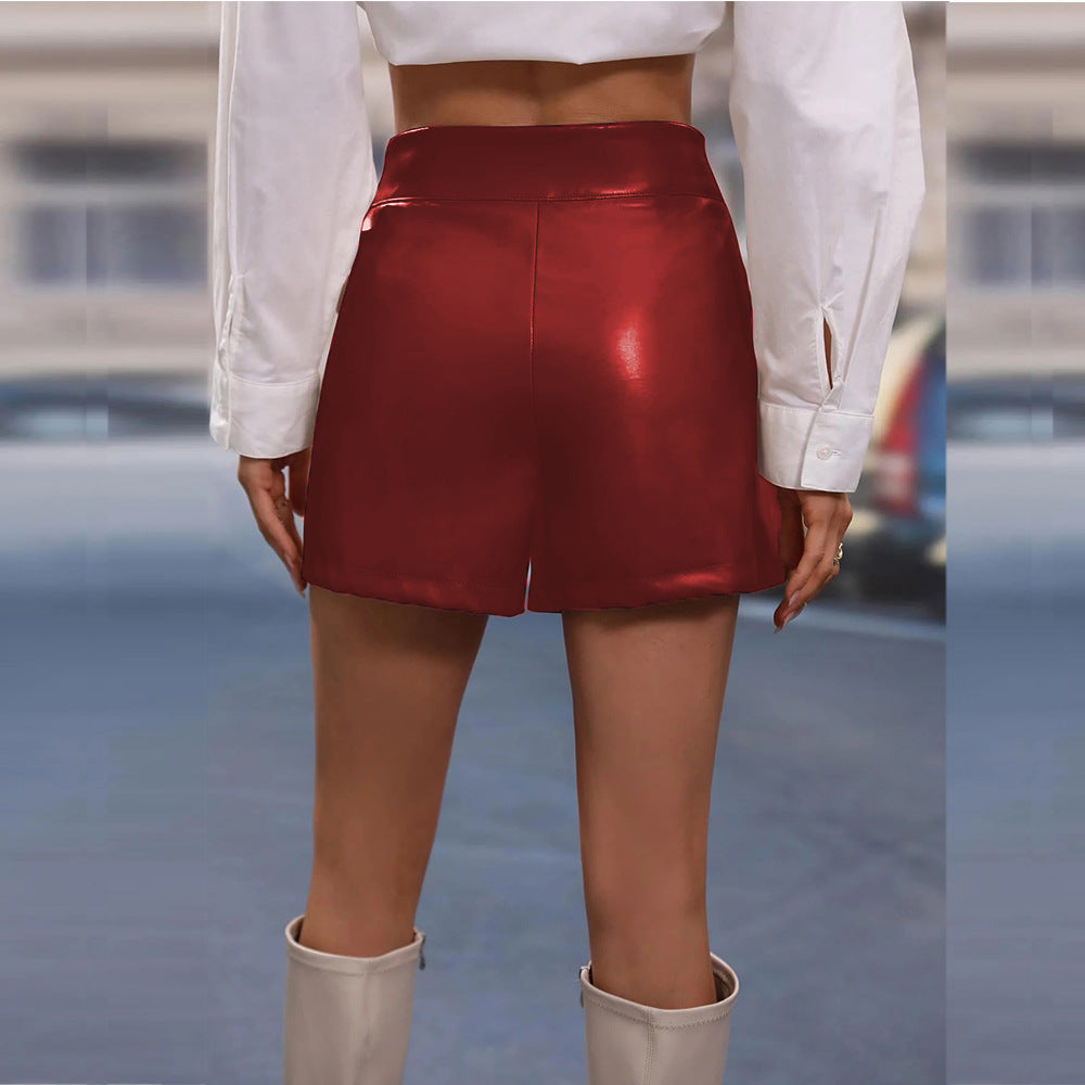 European and american ins style casual shorts for women with zipper style  independent station  hot selling cross-border pu shorts for women