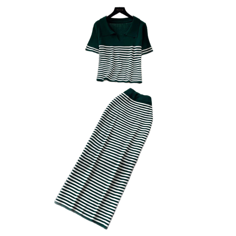 Frenchstripesknitting shirt high waist skirt two-piece set women's summer lazy work clothing styleelegantfashionsuit