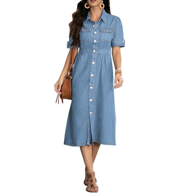 summer lapel shirt denim dresselegant hair quality elegancecasualslimming look a-line skirt mid-length skirt