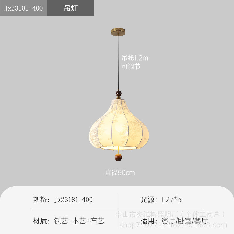 Medieval style gourd printing fabric small chandelier log beads retro single head chandelier restaurant bar bedroom bedside